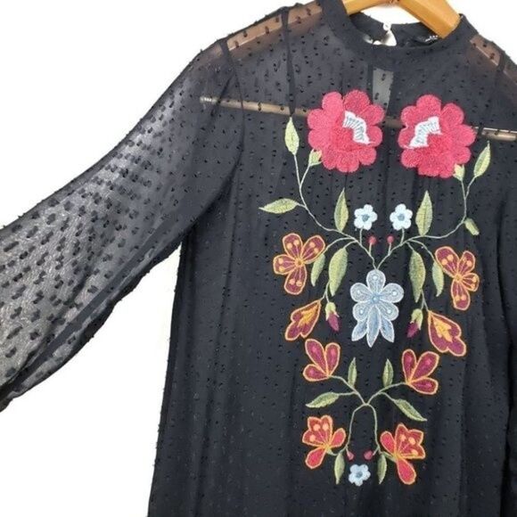 ZARA Sheer Plumetis Blouse with Embroidery – Black Top, Size S - Picture 6 of 8